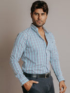 Camisa Hombre Casual  Minicuadro Azul Marino Vino y Turquesa