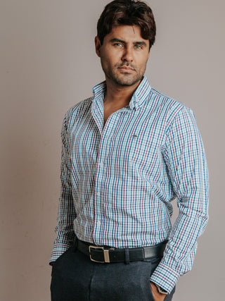 Camisa Hombre Casual  Minicuadro Azul Marino Vino y Turquesa