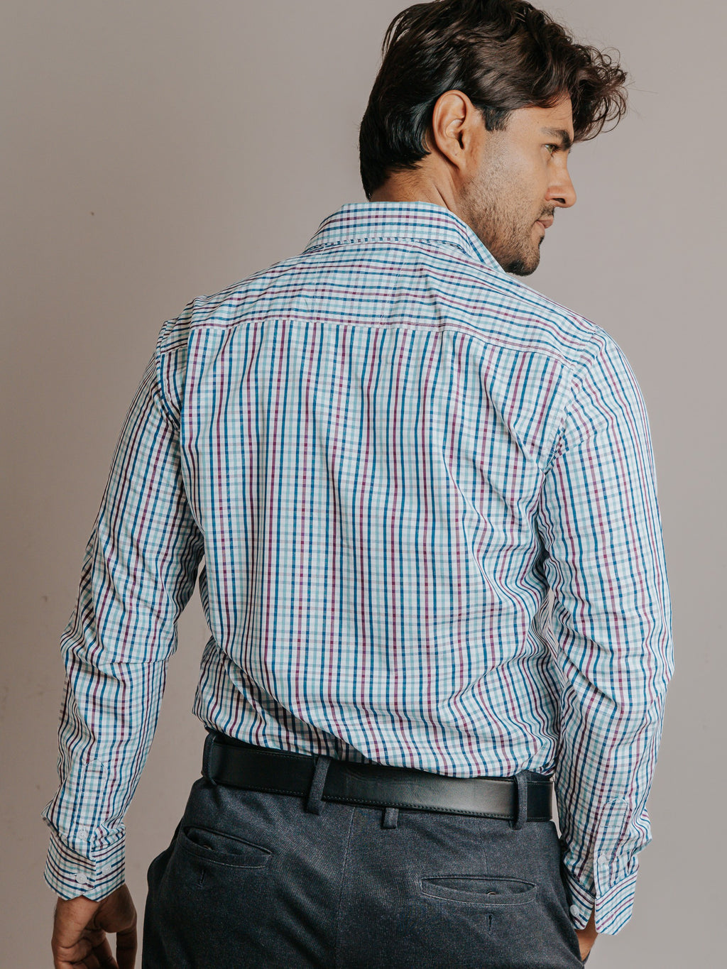 Camisa Hombre Casual  Minicuadro Azul Marino Vino y Turquesa