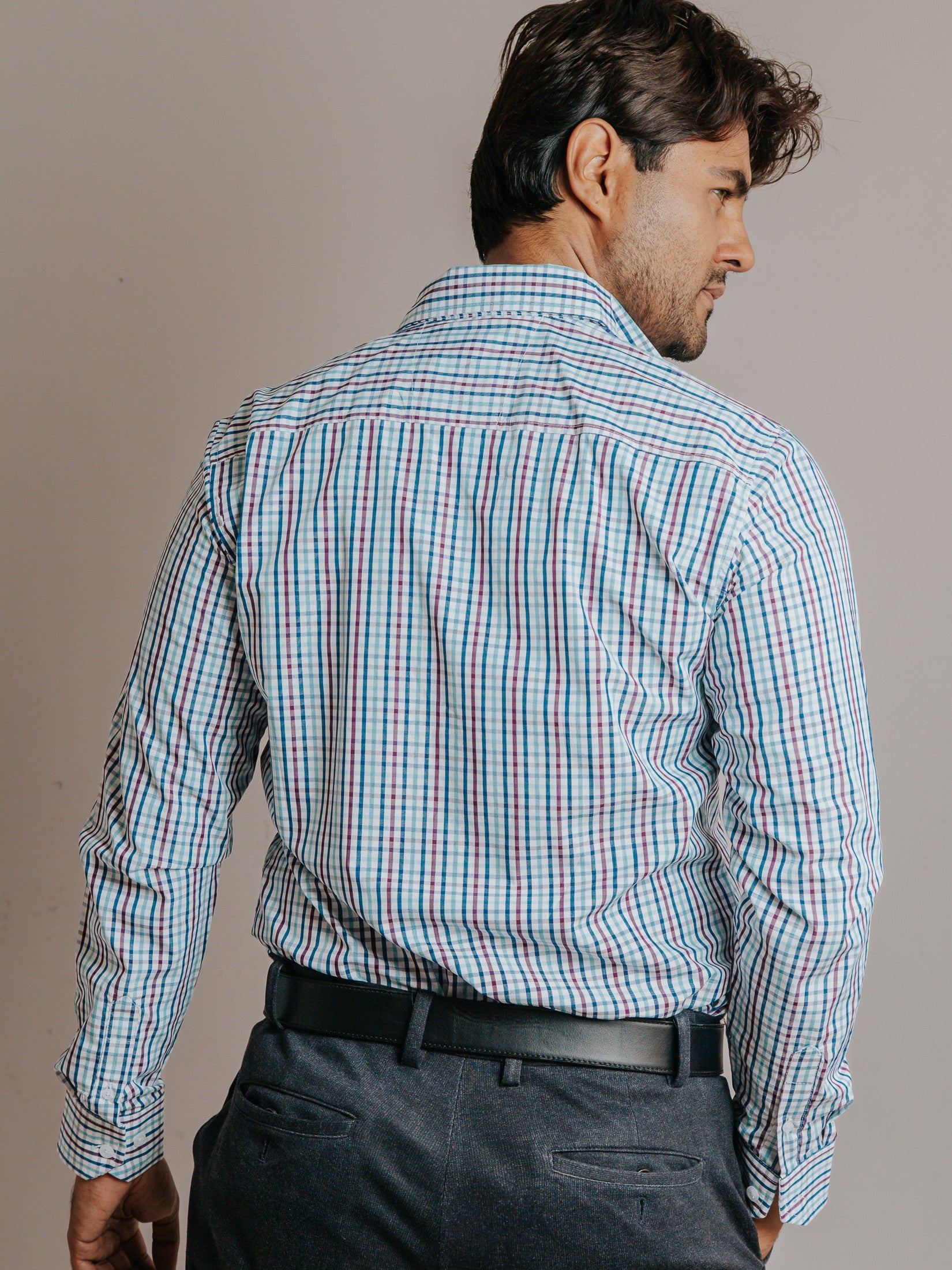 Camisa Hombre Casual  Minicuadro Azul Marino Vino y Turquesa