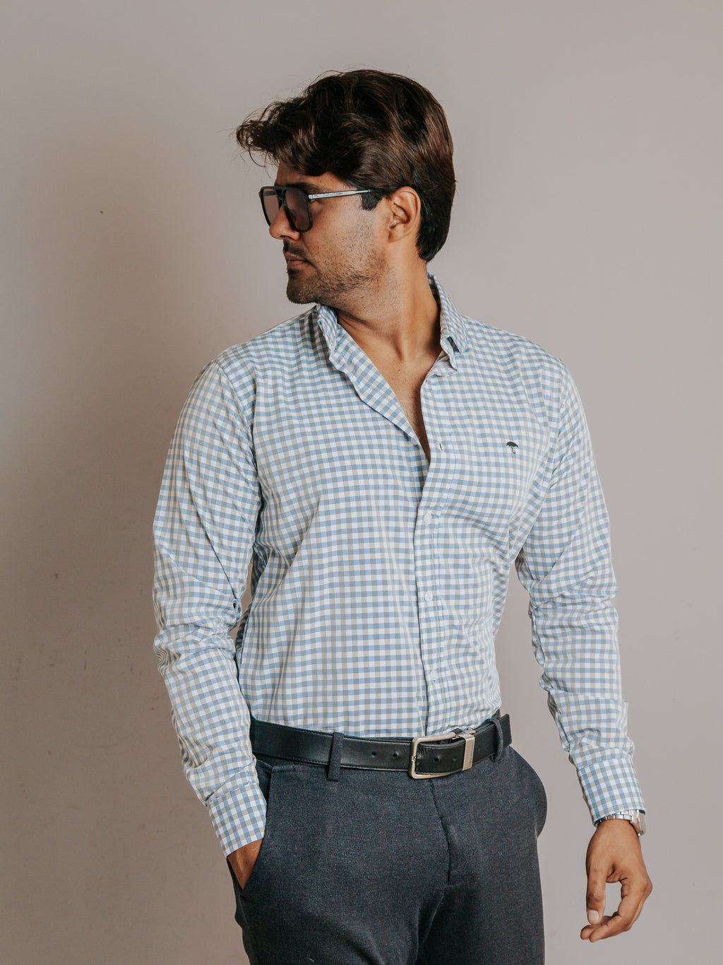 Camisa Hombre Casual Cuadros Gris y Azul