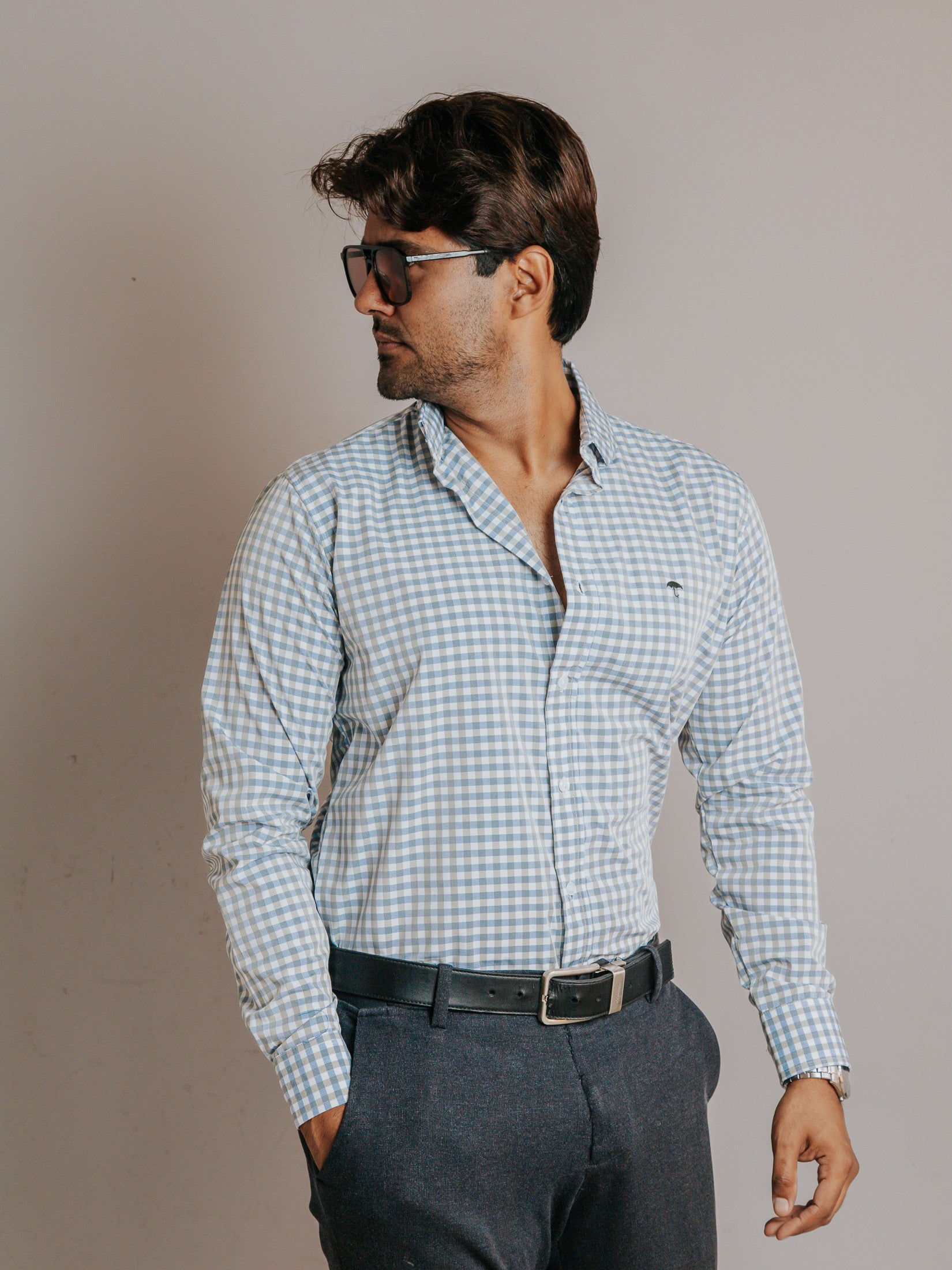 Camisa Hombre Casual Cuadros Gris y Azul