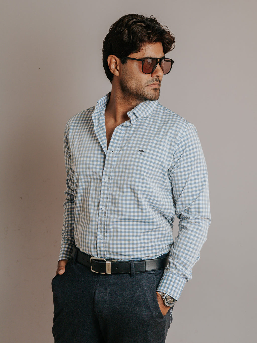 Camisa Hombre Casual Cuadros Gris y Azul