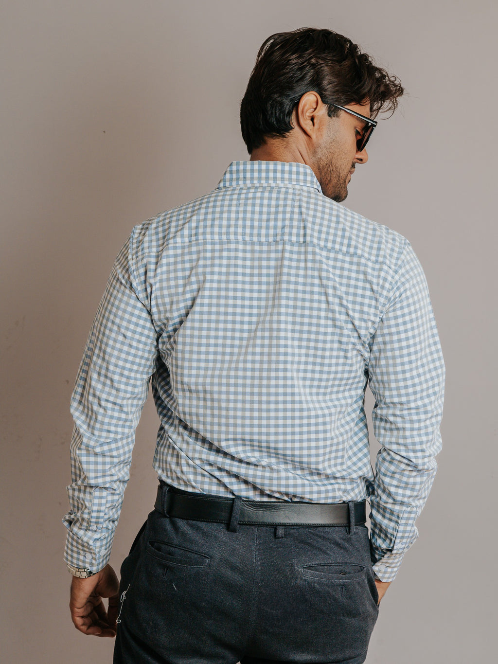Camisa Hombre Casual Cuadros Gris y Azul