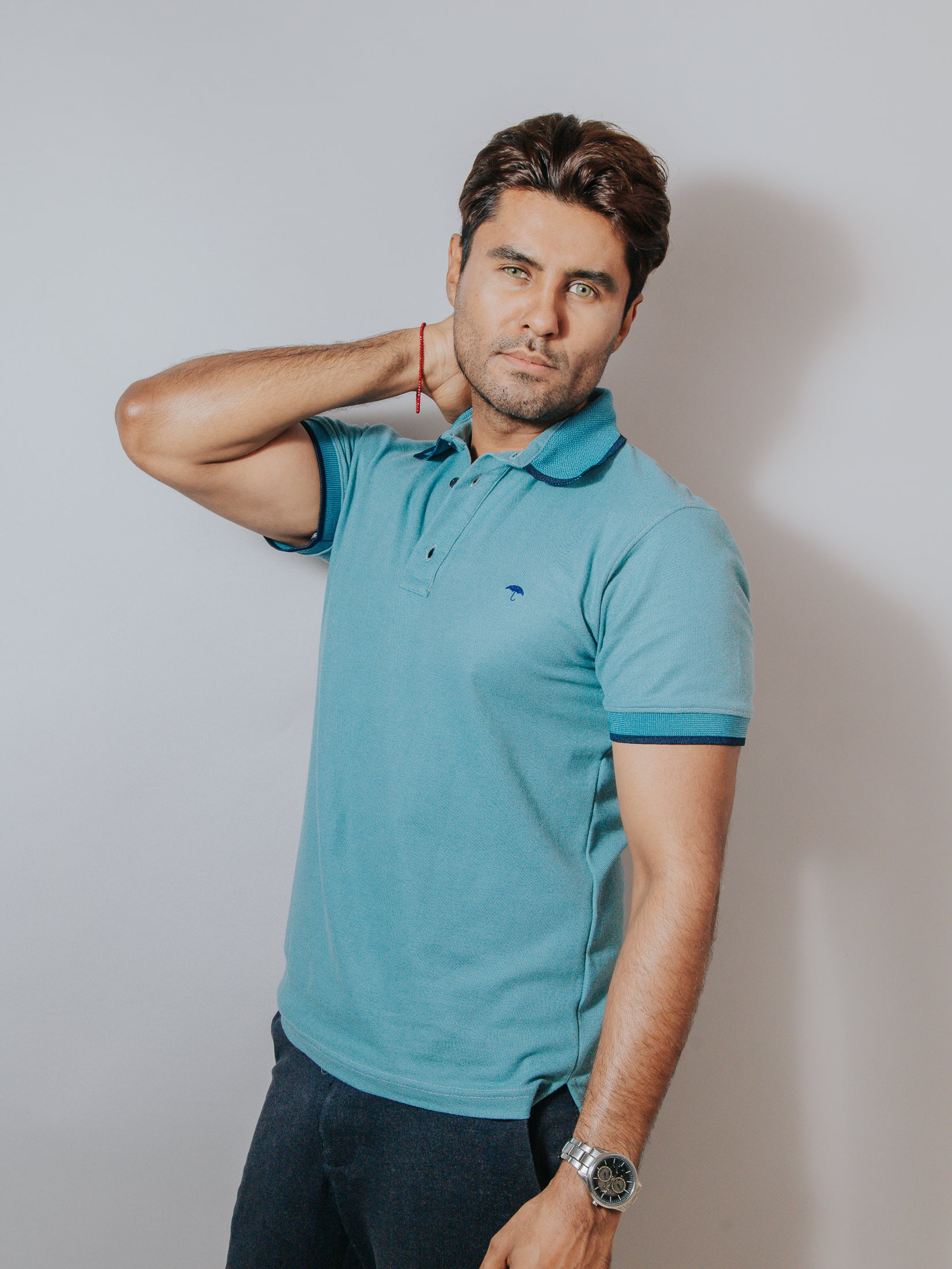 Playera Polo Hombre Slim Fit Verde Agua Detalles Negros - 34 (S)-Tiendas Platino