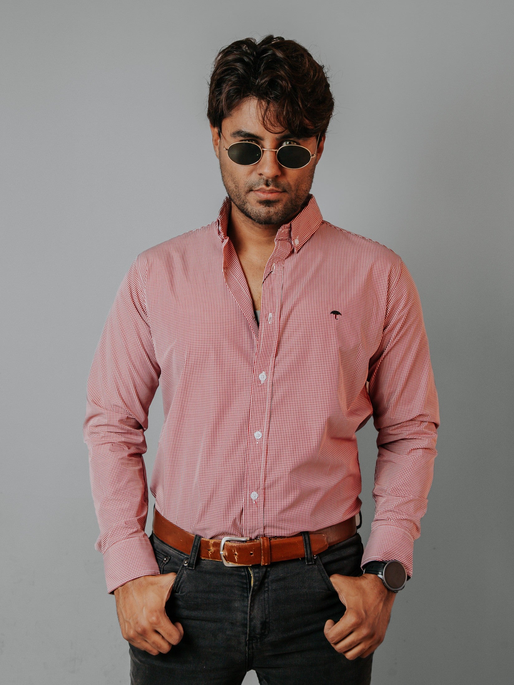 Camisa Hombre Casual Microcuadro Rojo