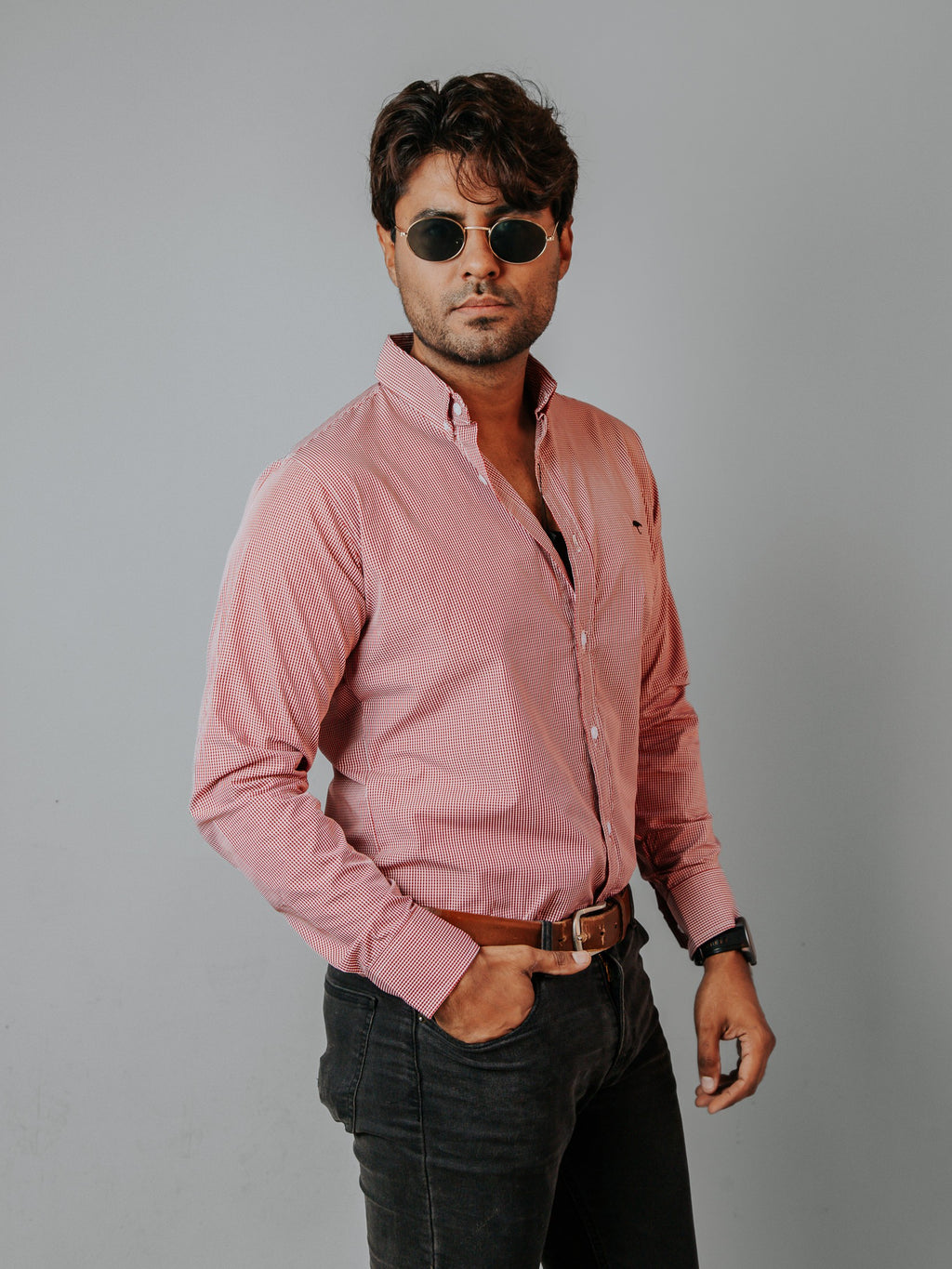 Camisa Hombre Casual Microcuadro Rojo