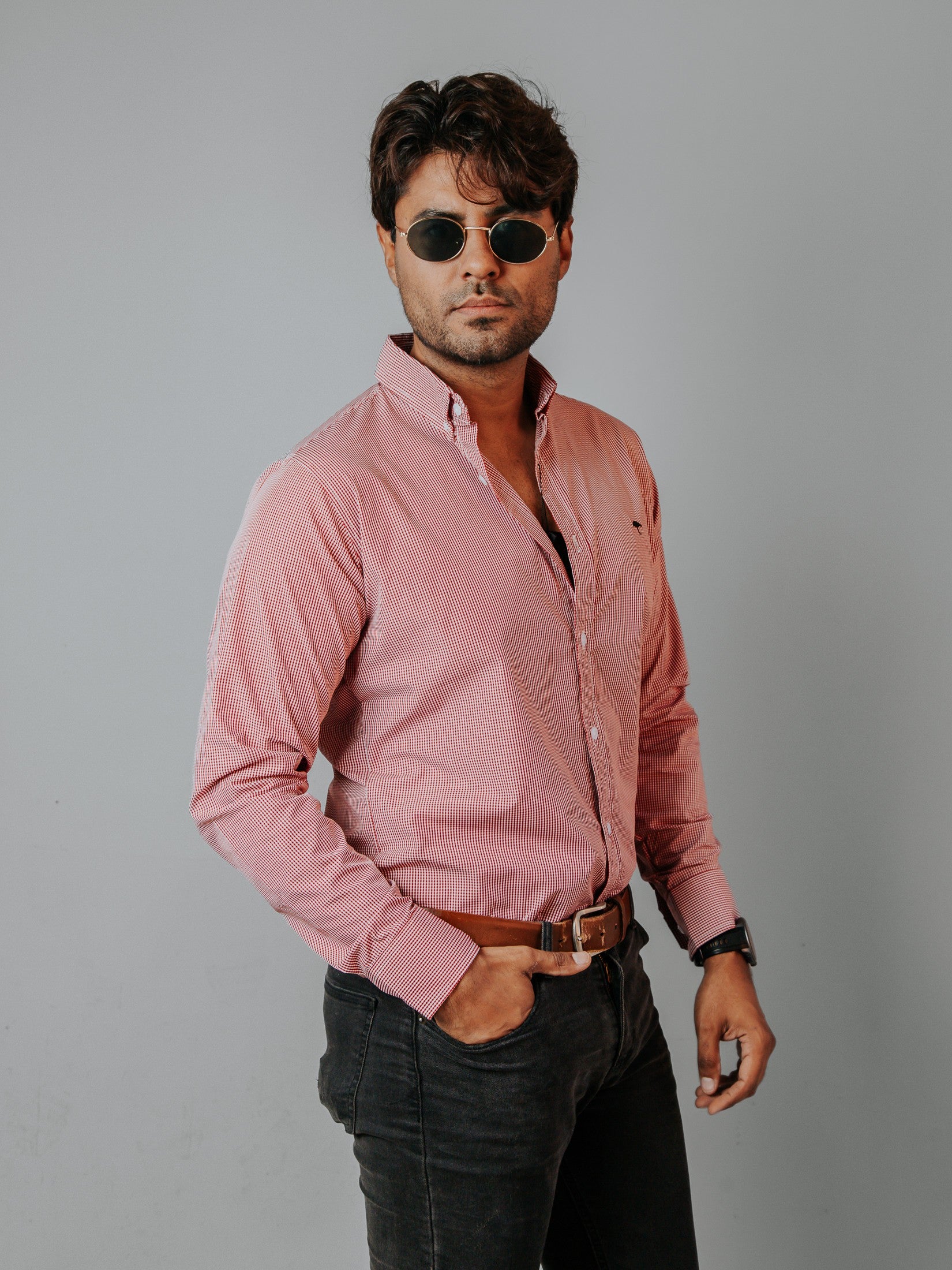 Camisa Hombre Casual Microcuadro Rojo