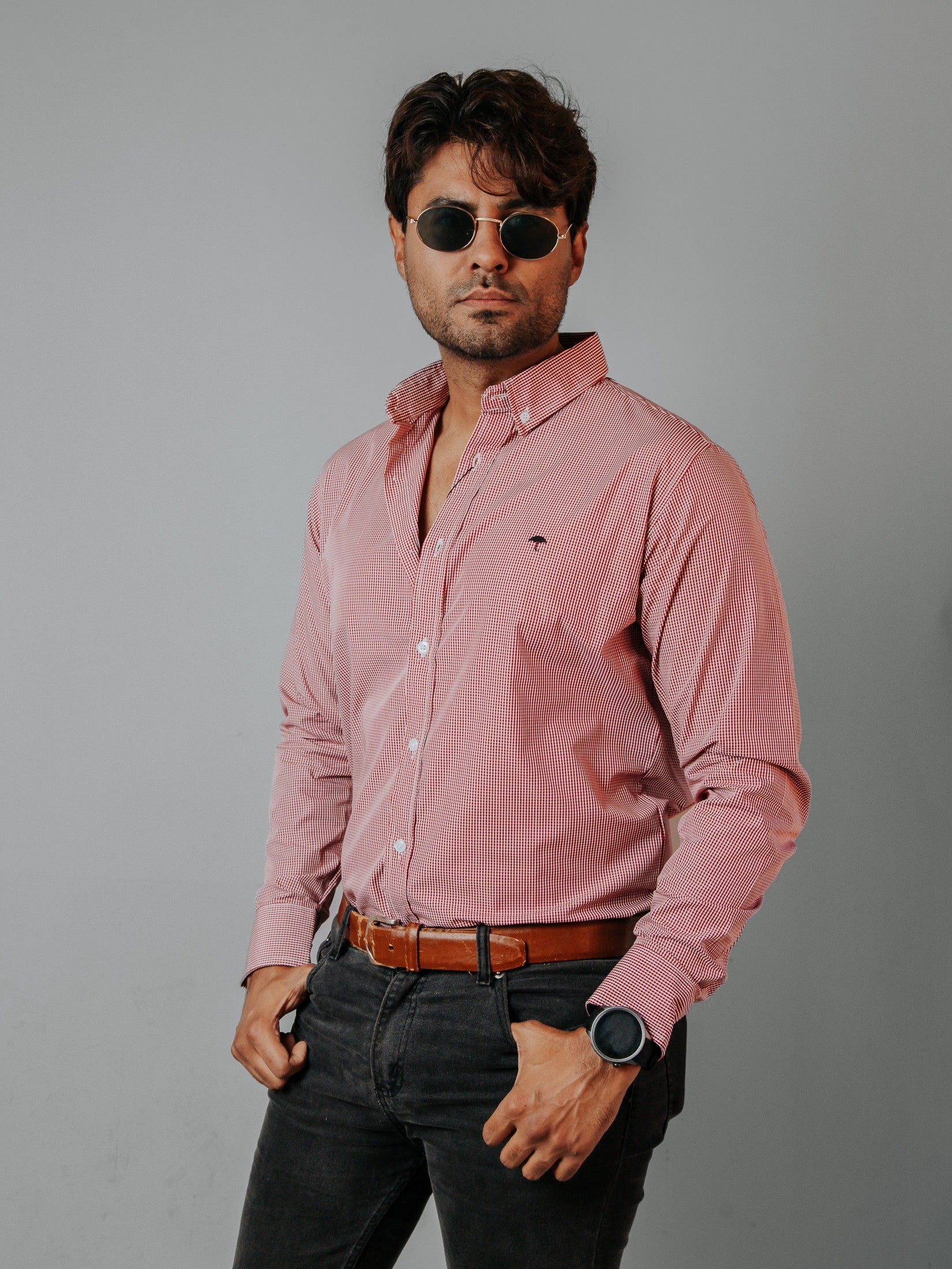 Camisa Hombre Casual Microcuadro Rojo
