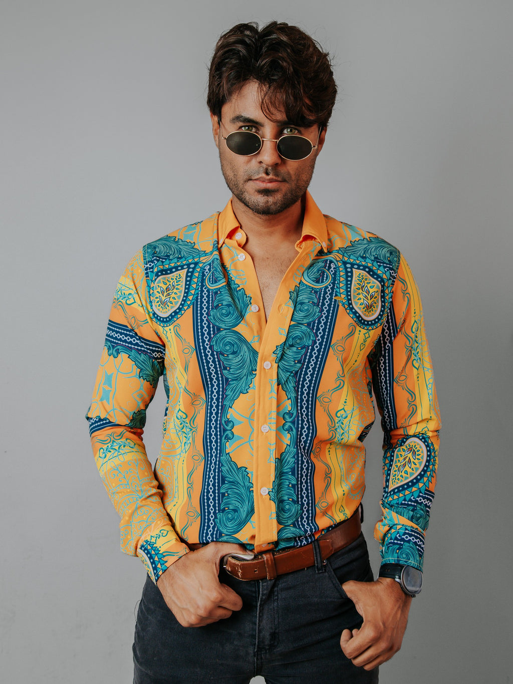 Camisa Hombre Casual Naranja Flores Amarillas Verdes y Azul