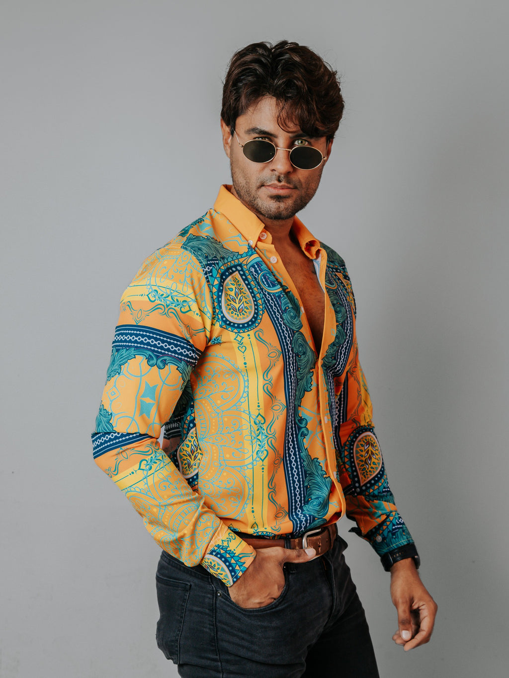 Camisa Hombre Casual Naranja Flores Amarillas Verdes y Azul