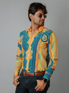 Camisa Hombre Casual Naranja Flores Amarillas Verdes y Azul