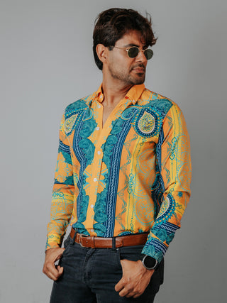 Camisa Hombre Casual Naranja Flores Amarillas Verdes y Azul
