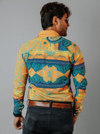 Camisa Hombre Casual Naranja Flores Amarillas Verdes y Azul