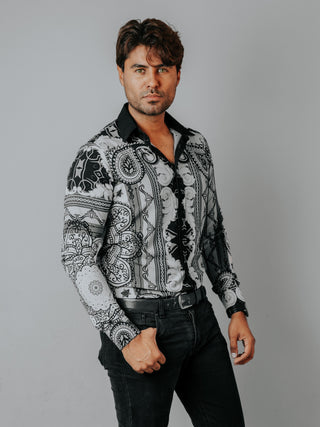 Camisa Hombre Casual Negra Flores Blancas y Gris