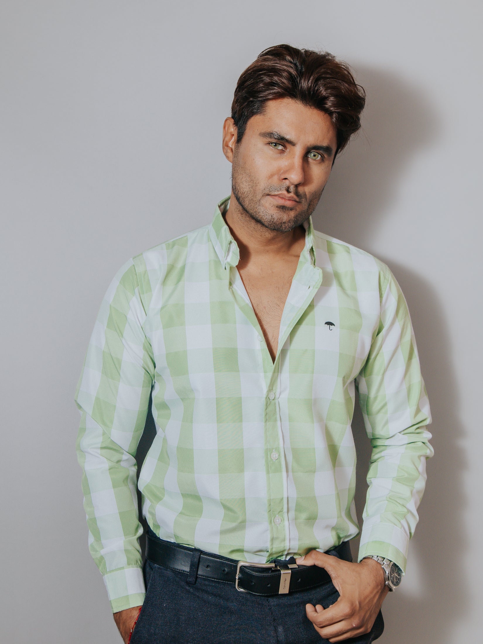 Camisa Hombre Casual Cuadros Verde y Blanco