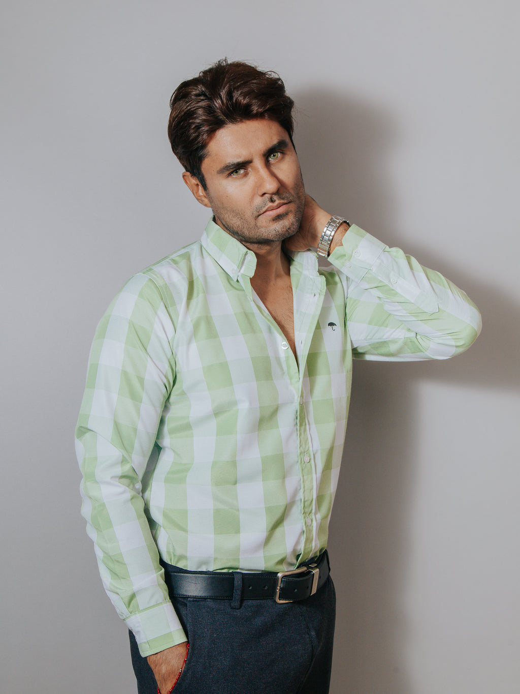 Camisa Hombre Casual Cuadros Verde y Blanco