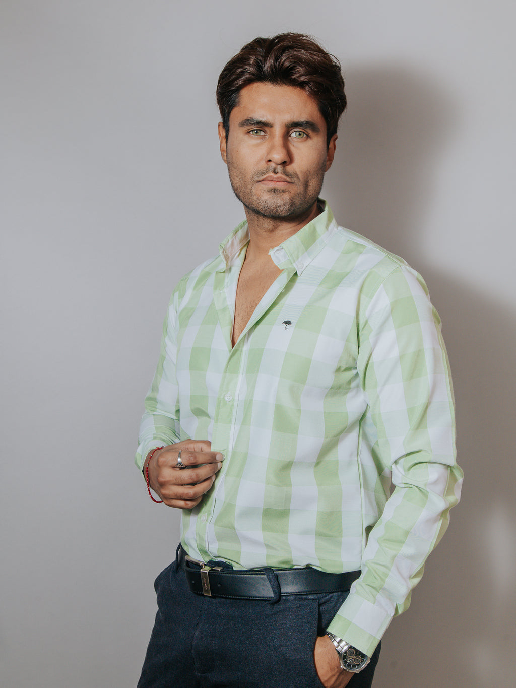 Camisa Hombre Casual Cuadros Verde y Blanco
