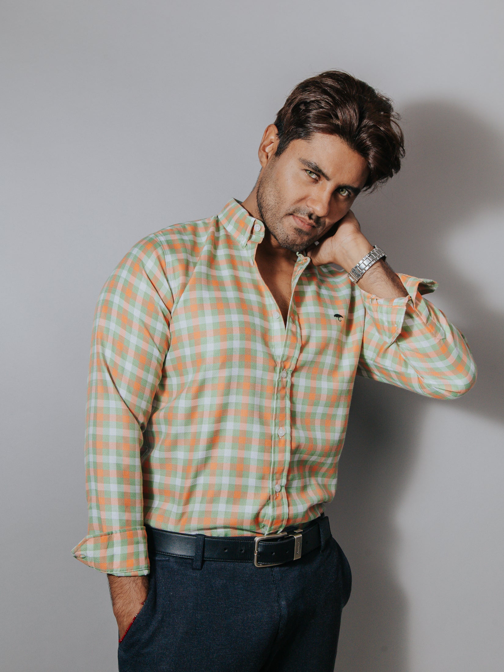 Camisa Hombre Casual Cuadros Verde Melón y Blanco