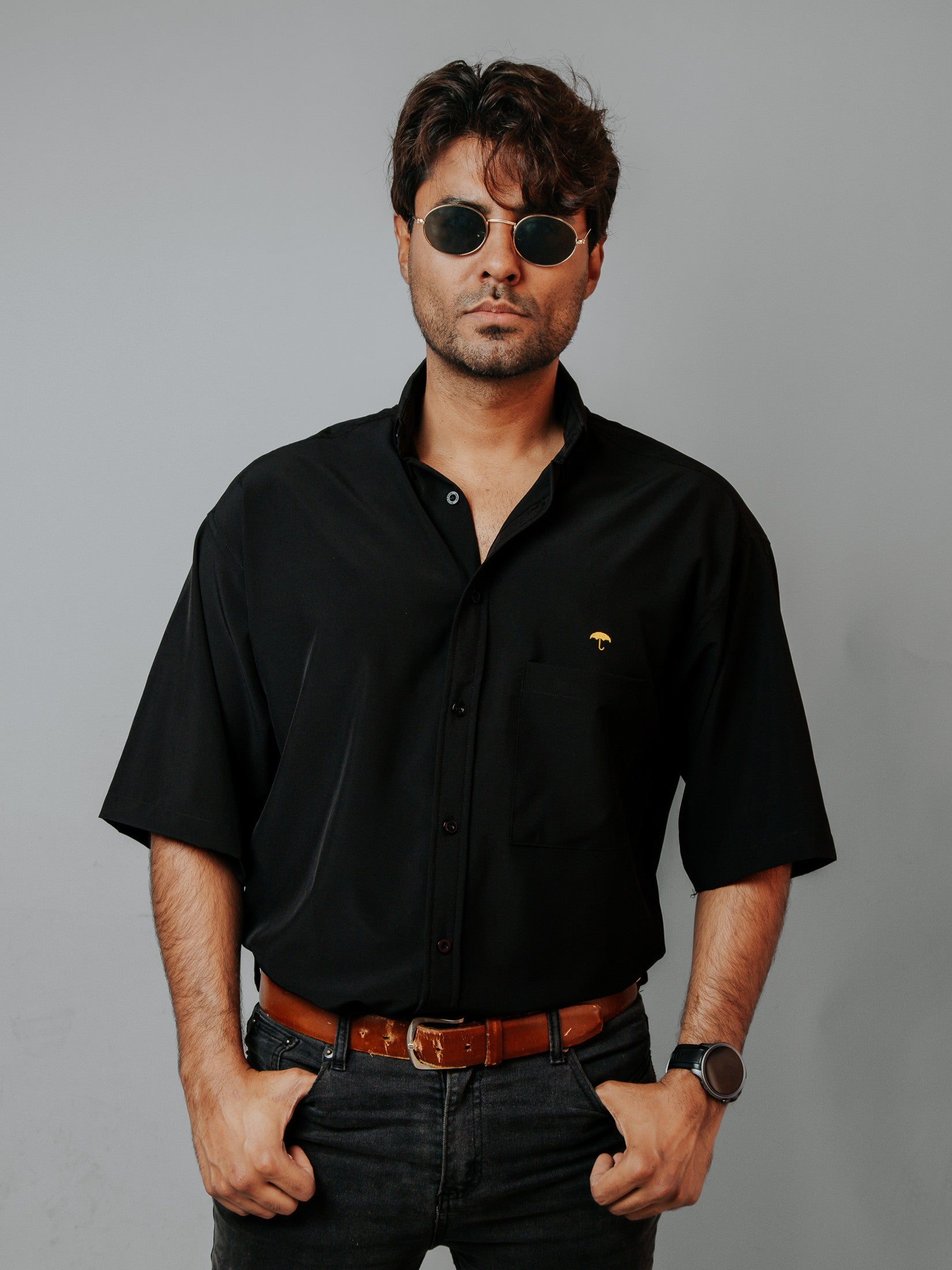 Camisa Hombre Casual Lisa Negro Oversize