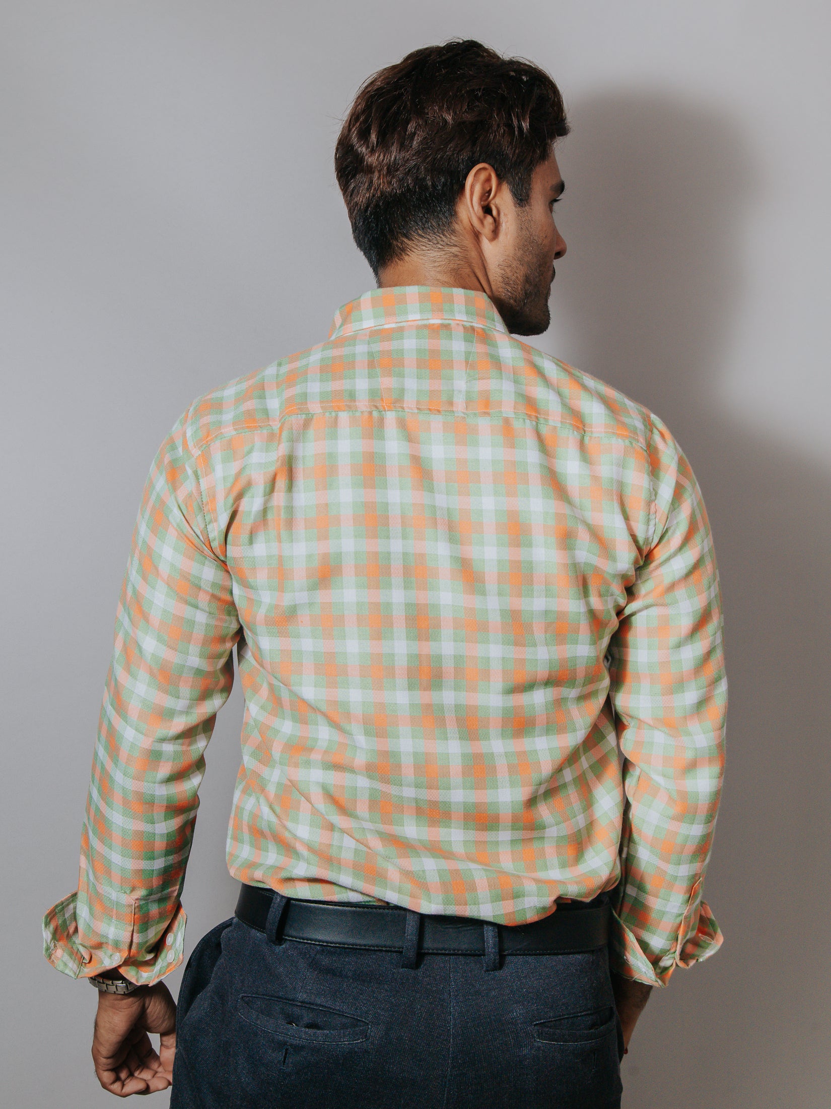 Camisa Hombre Casual Cuadros Verde Melón y Blanco