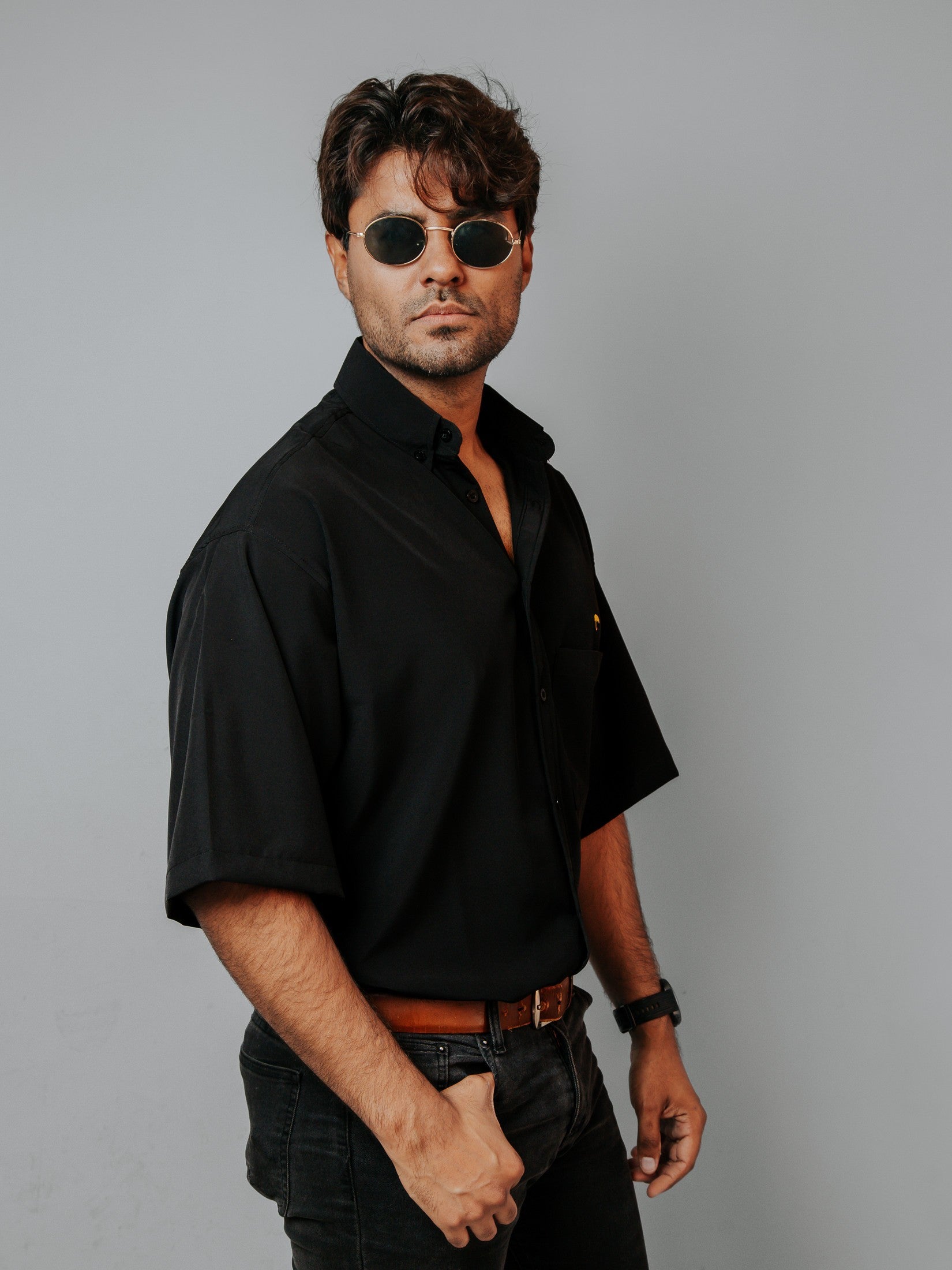 Camisa Hombre Casual Lisa Negro Oversize