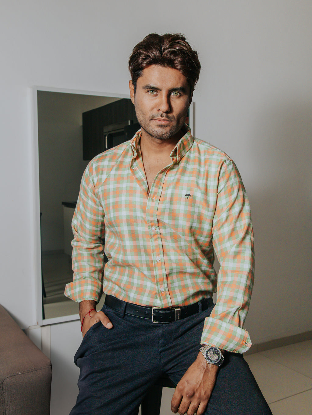 Camisa Hombre Casual Cuadros Verde Melón y Blanco