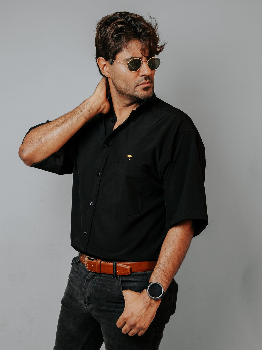 Camisa Hombre Casual Lisa Negro Oversize