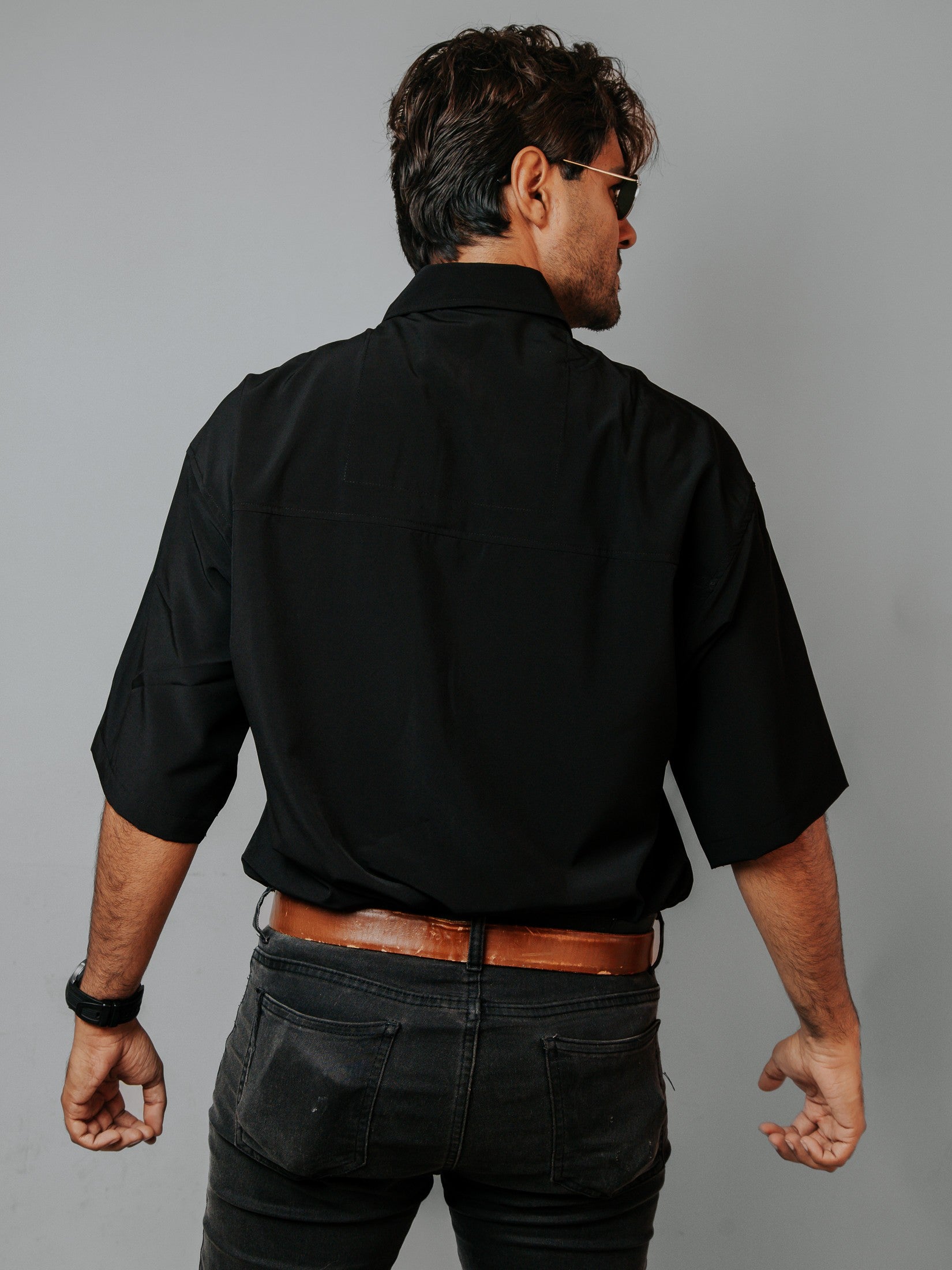 Camisa Hombre Casual Lisa Negro Oversize