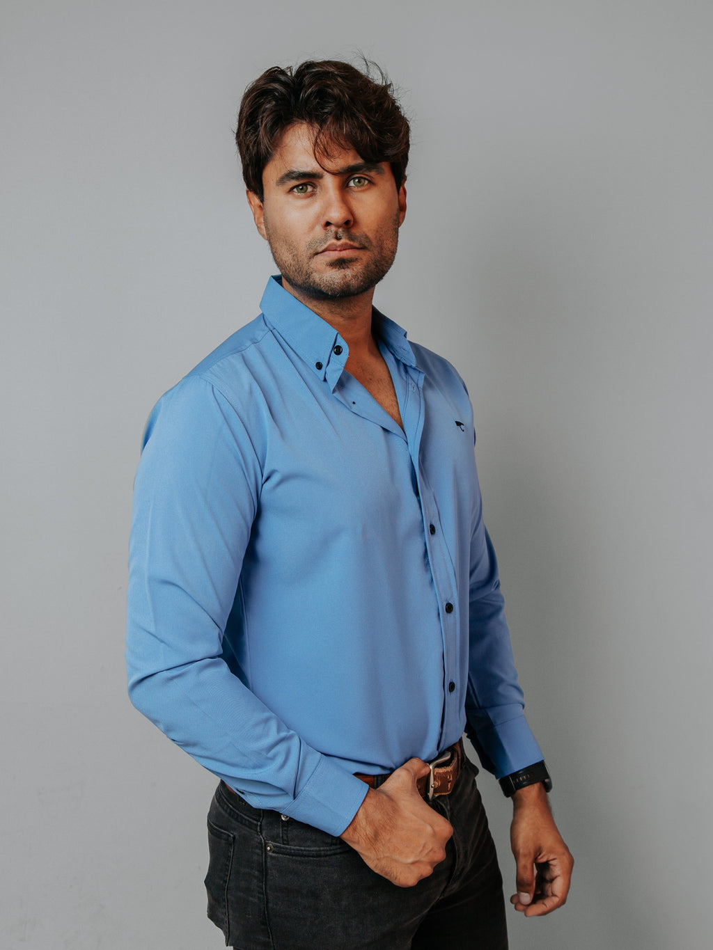 Camisa Hombre Casual Lisa Azul Maya