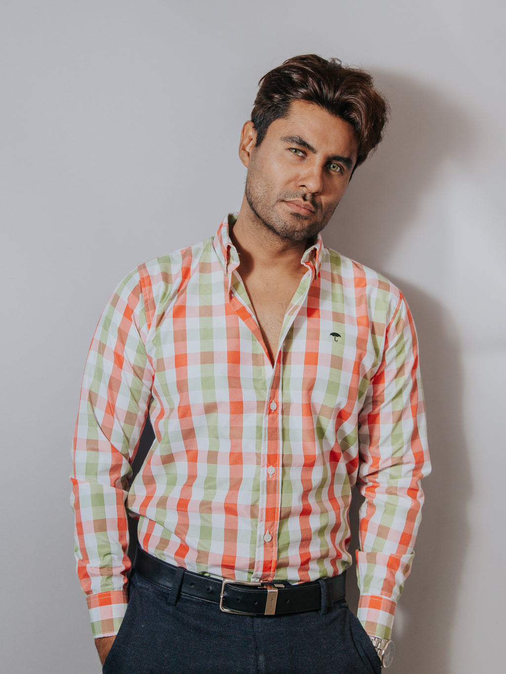 Camisa Hombre Casual Cuadros Verde Rosa y Blanco