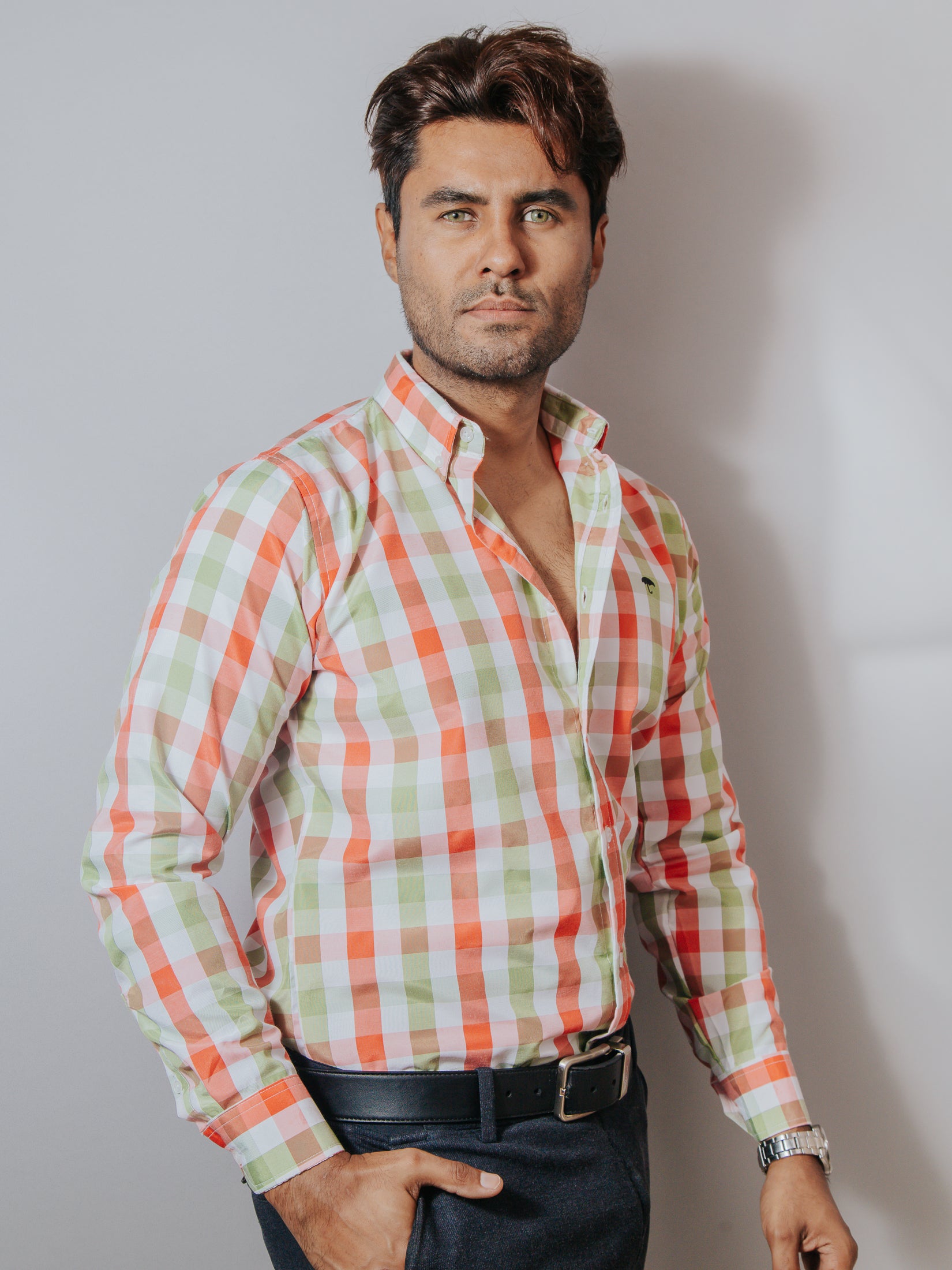 Camisa Hombre Casual Cuadros Verde Rosa y Blanco