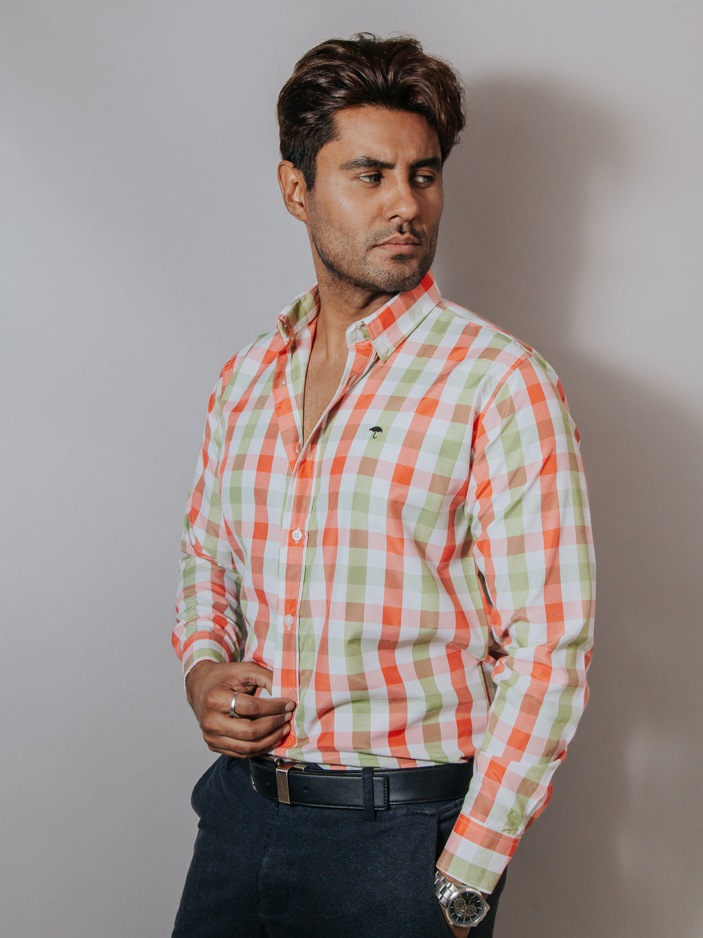 Camisa Hombre Casual Cuadros Verde Rosa y Blanco