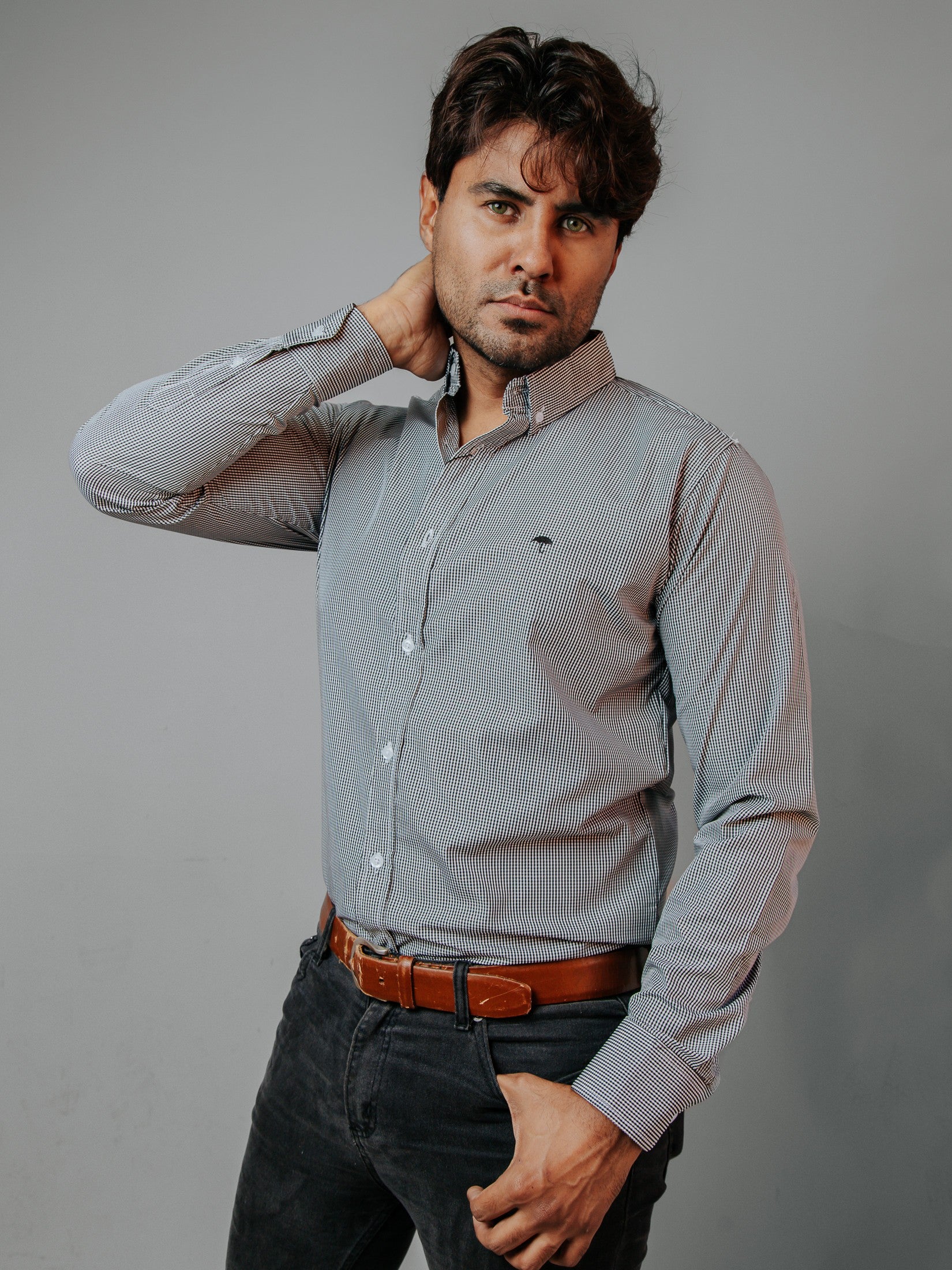 Camisa Hombre Casual Microcuadro Negro
