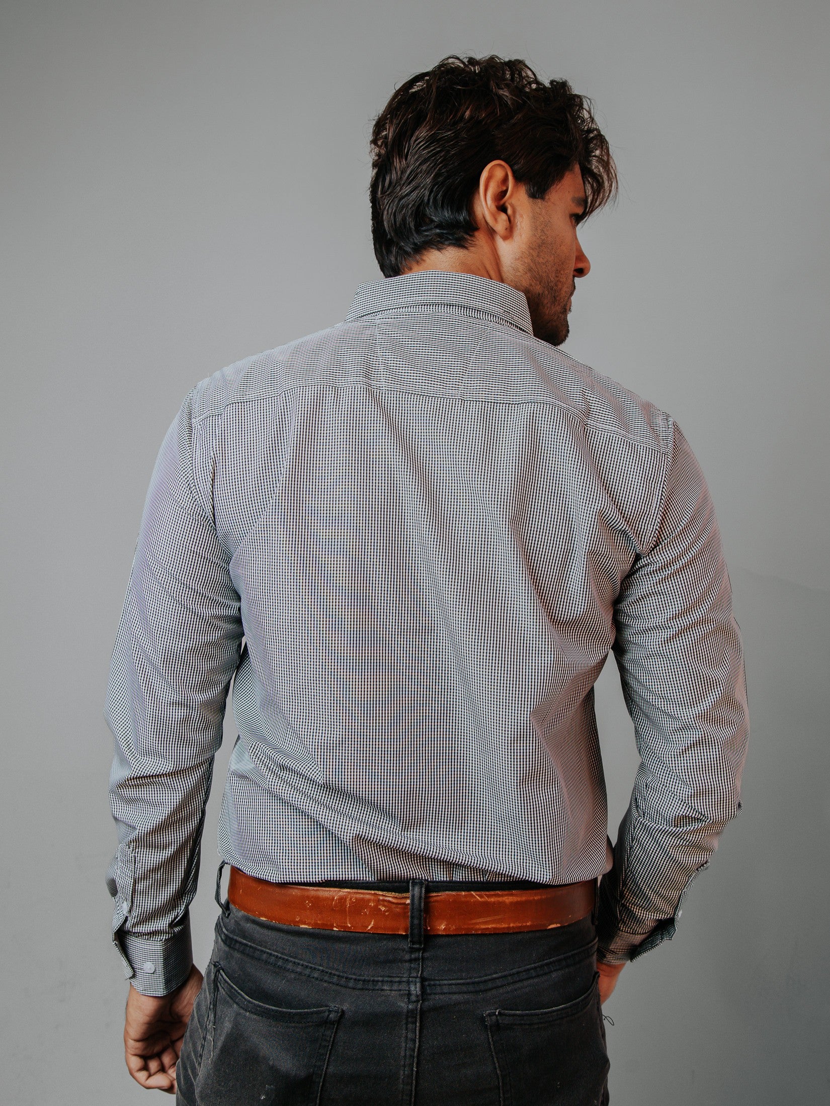 Camisa Hombre Casual Microcuadro Negro