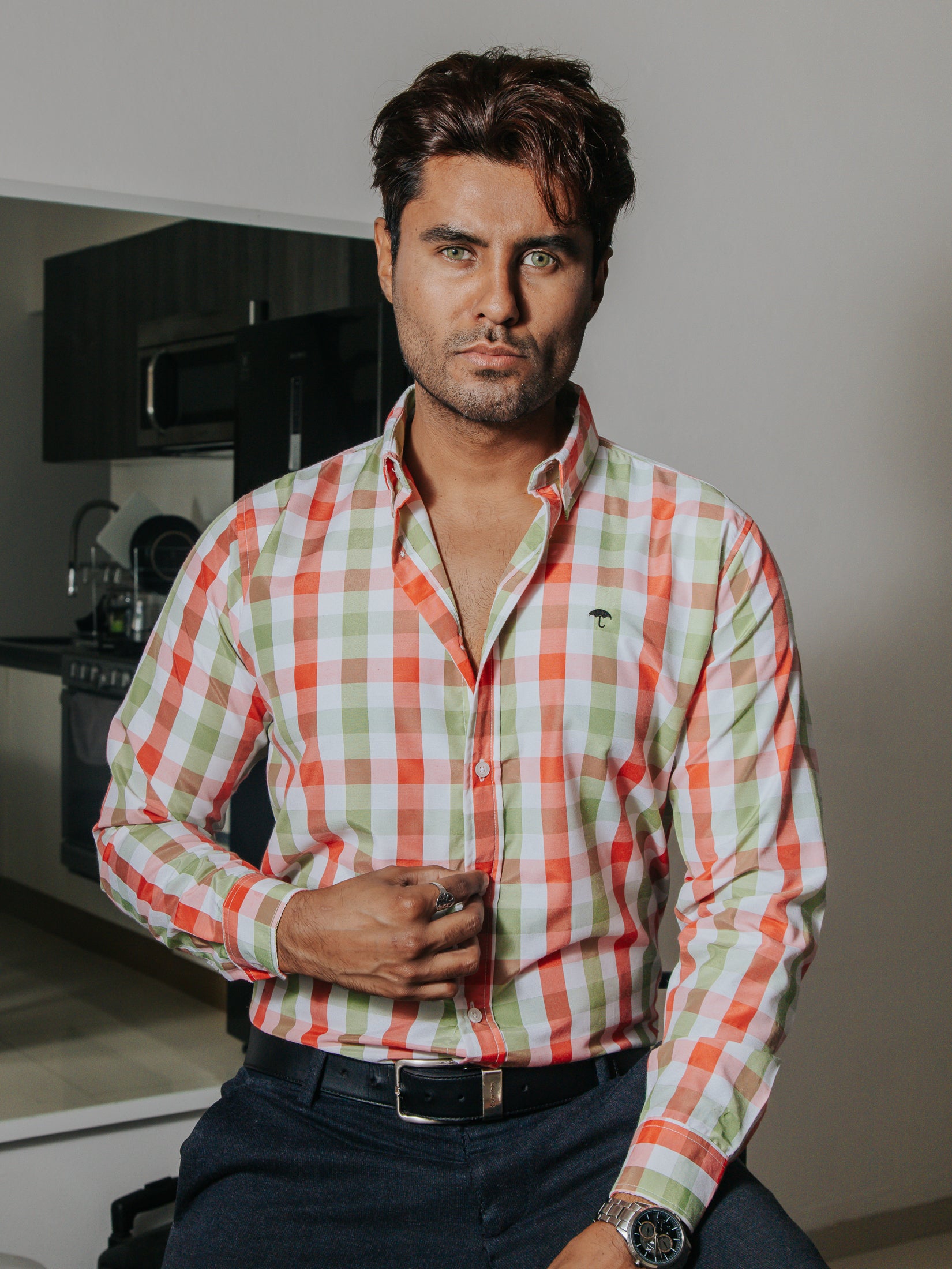 Camisa Hombre Casual Cuadros Verde Rosa y Blanco