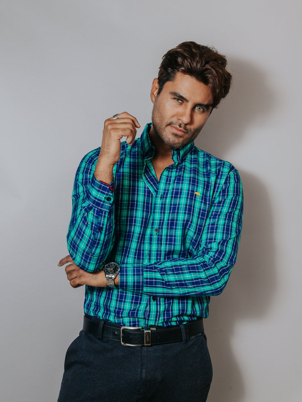 Camisa Hombre Casual Cuadros Azul Rey y Verde