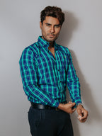 Camisa Hombre Casual Cuadros Azul Rey y Verde