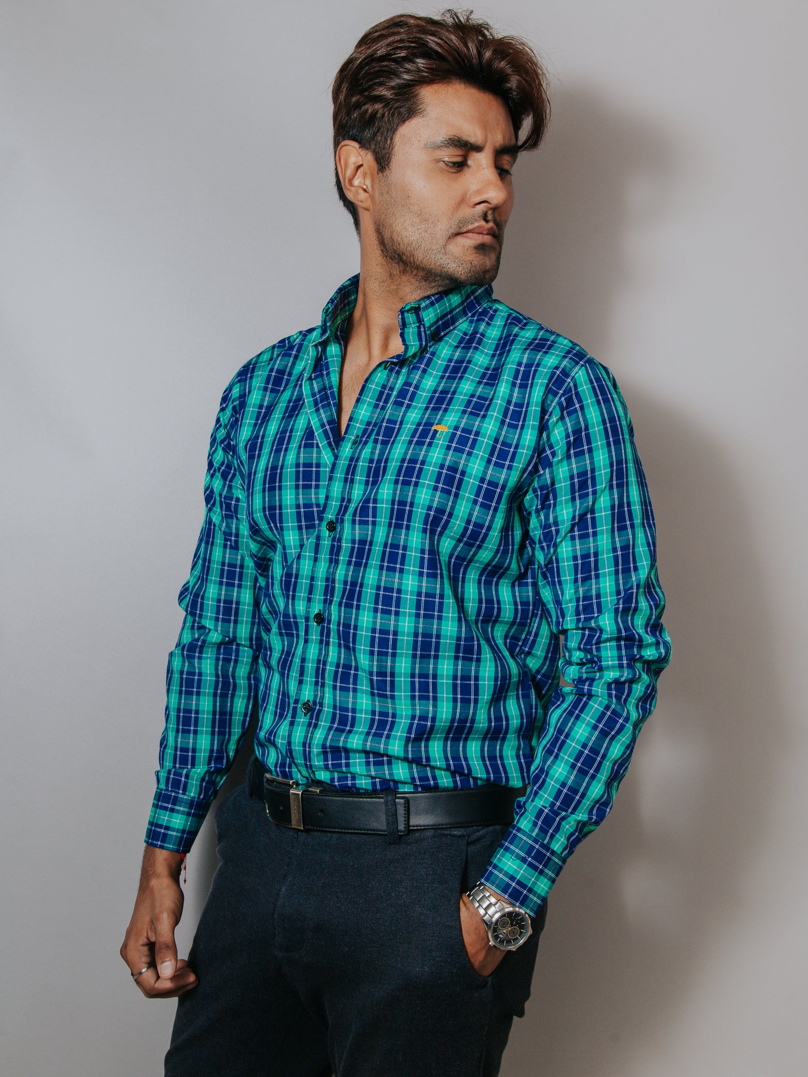 Camisa Hombre Casual Cuadros Azul Rey y Verde
