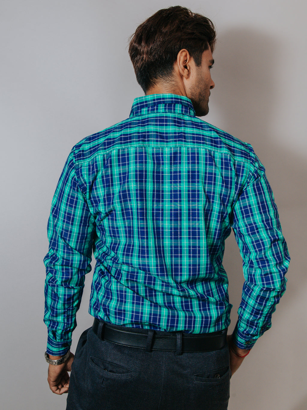 Camisa Hombre Casual Cuadros Azul Rey y Verde
