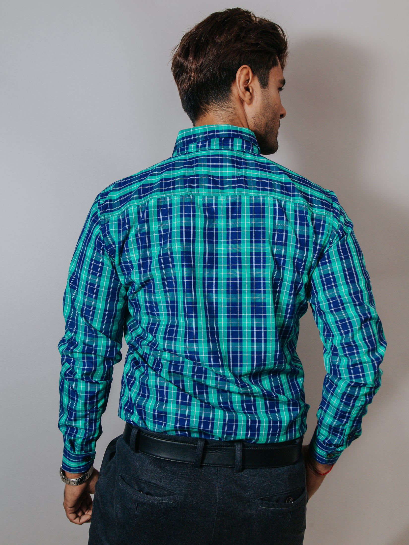 Camisa Hombre Casual Cuadros Azul Rey y Verde