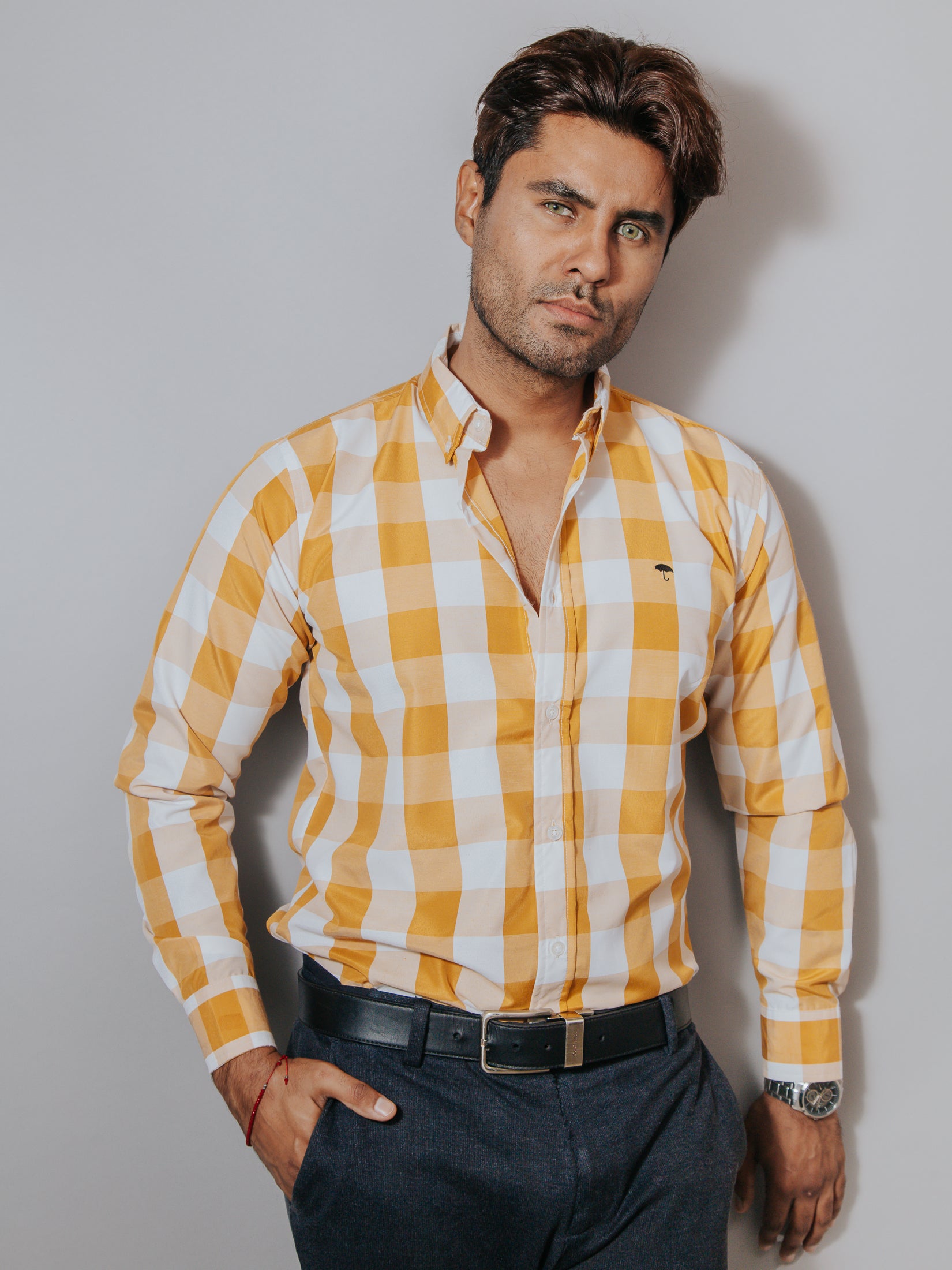 Camisa Hombre Cuadros Caramel y Blanco