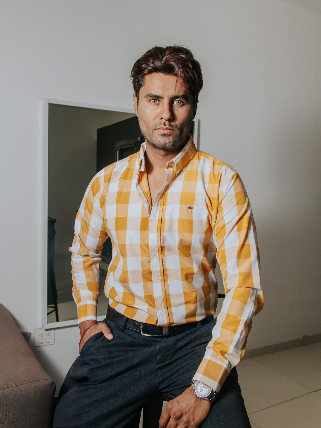 Camisa Hombre Cuadros Caramel y Blanco