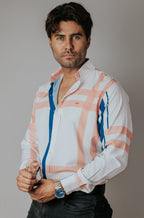 Camisa Hombre Casual Blanco Franjas Azul y Melón