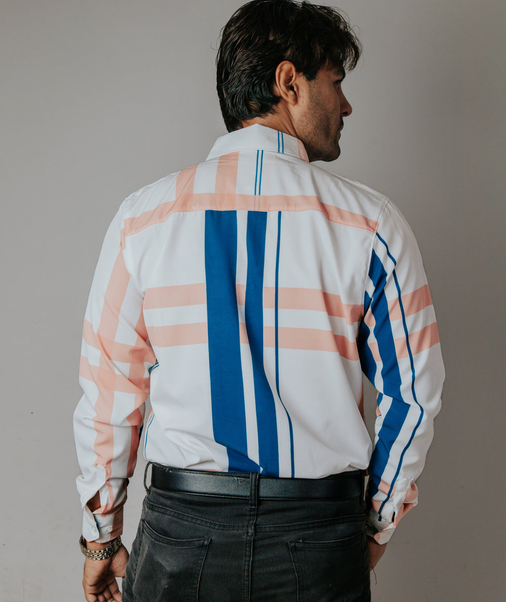 Camisa Hombre Casual Blanco Franjas Azul y Melón