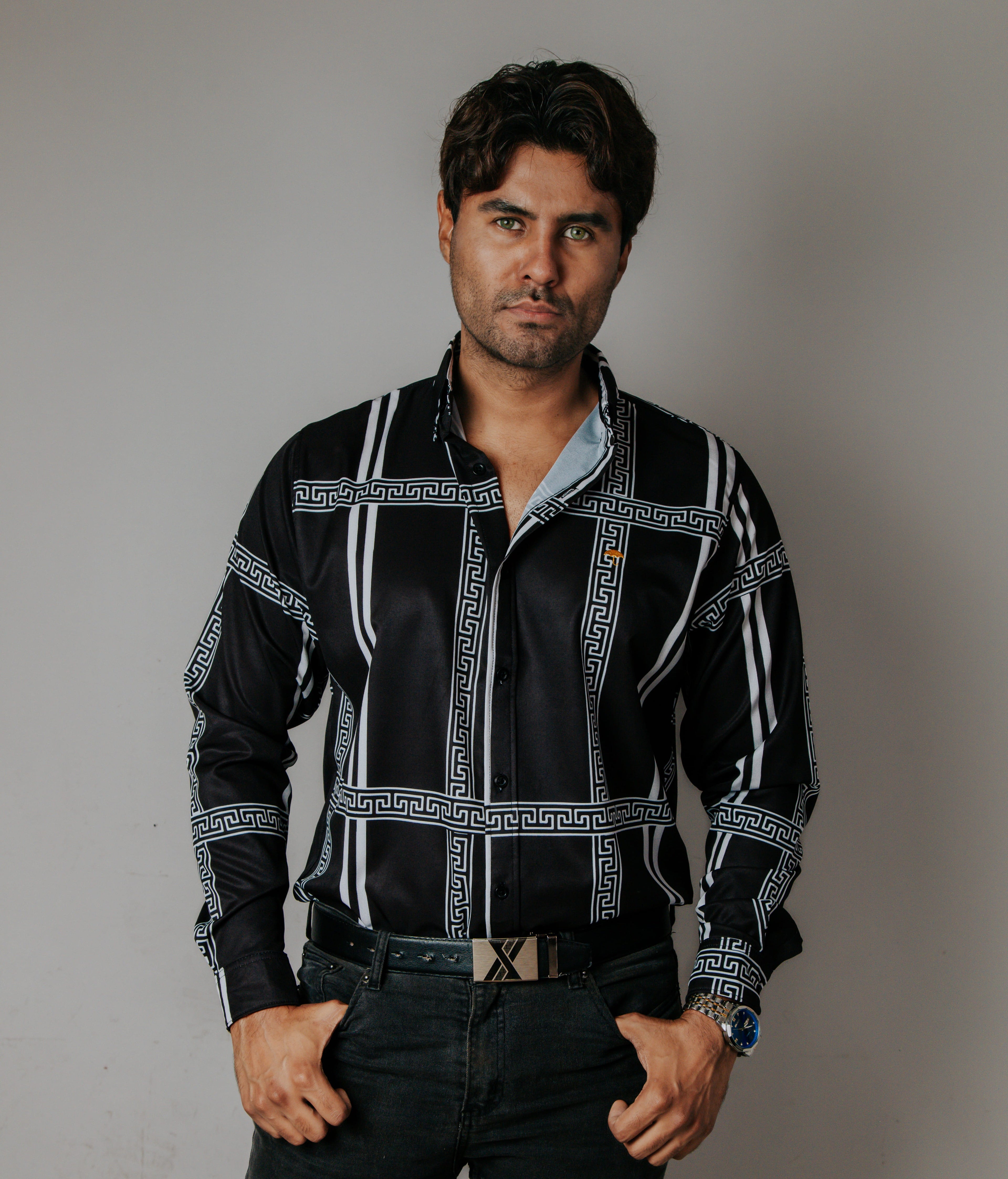 Camisa Hombre Casual Negra Pistache Grecas Blancas