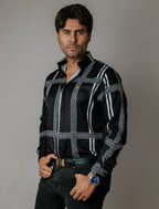 Camisa Hombre Casual Negra Pistache Grecas Blancas