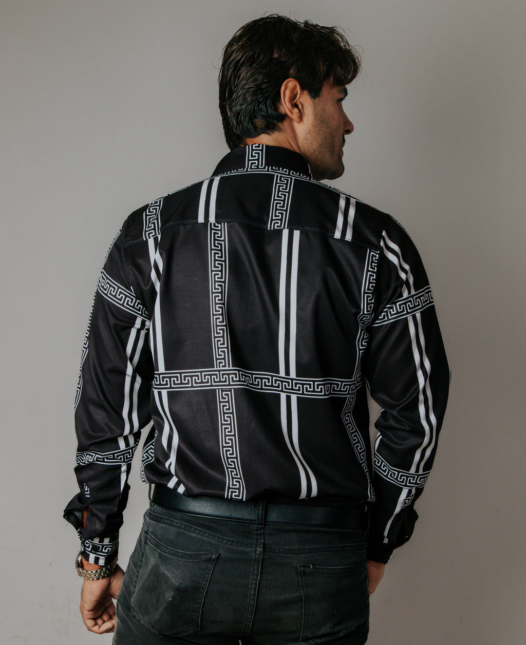 Camisa Hombre Casual Negra Pistache Grecas Blancas