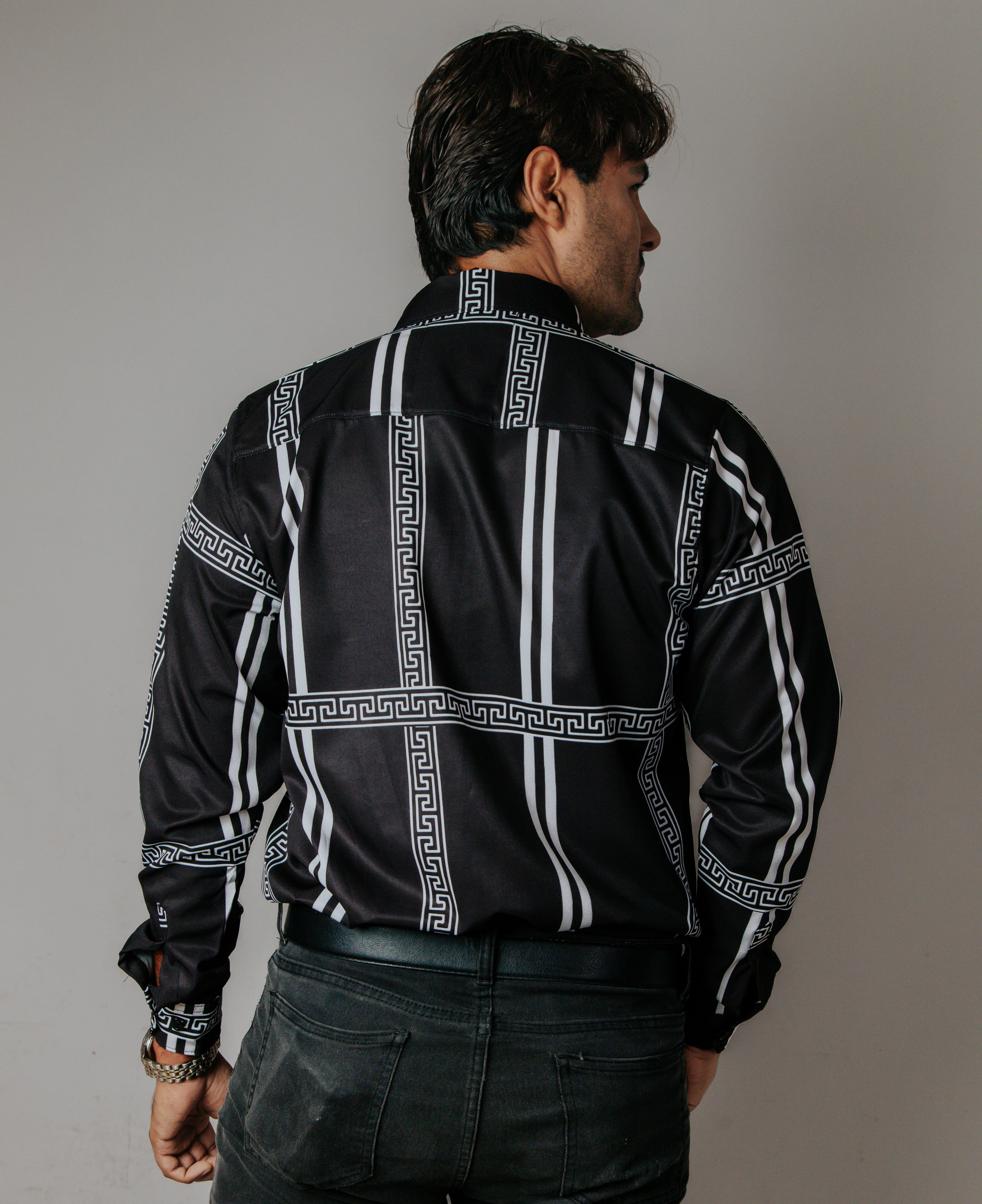 Camisa Hombre Casual Negra Pistache Grecas Blancas