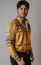 Camisa Hombre Casual Mostaza Grecas Gris y Negro